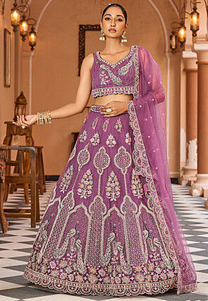 Embroidered Net Lehenga in Purple