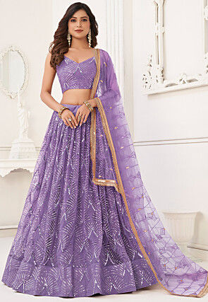 Embroidered Net Lehenga in Purple
