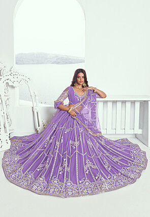 Embroidered Net Lehenga in Purple