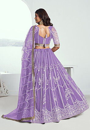 Embroidered Net Lehenga in Purple