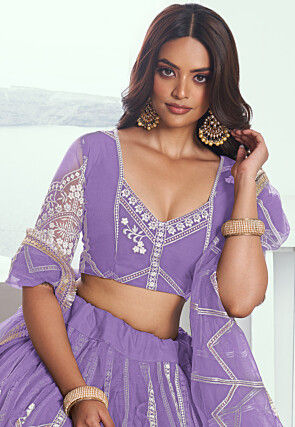 Embroidered Net Lehenga in Purple