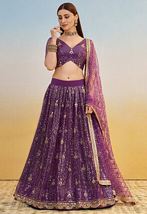 Embroidered Net Lehenga in Purple