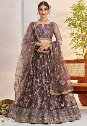 Embroidered Net Lehenga in Dusty Purple