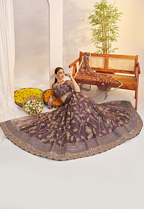 Embroidered Net Lehenga in Dusty Purple