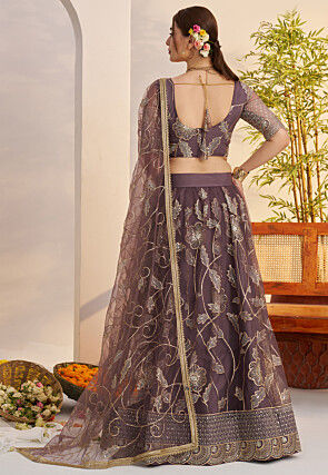Embroidered Net Lehenga in Dusty Purple