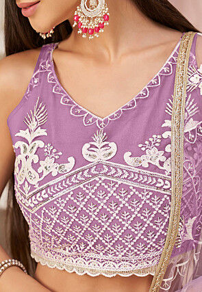 Embroidered Net Lehenga in Purple