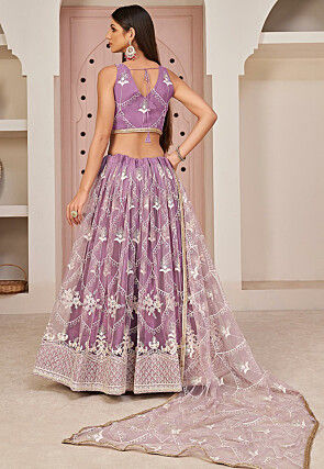 Embroidered Net Lehenga in Purple