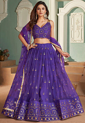 Embroidered Net Lehenga in Purple