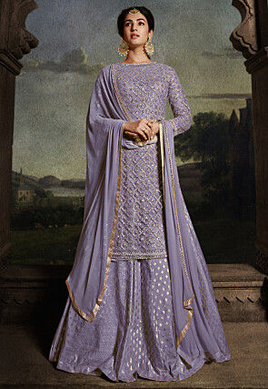 Embroidered Net Lehenga in Purple