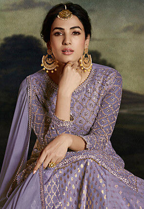 Embroidered Net Lehenga in Purple