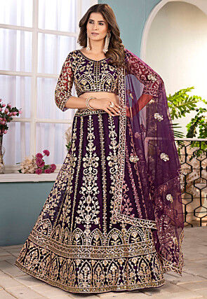 Embroidered Net Lehenga in Purple