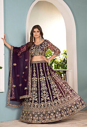 Embroidered Net Lehenga in Purple