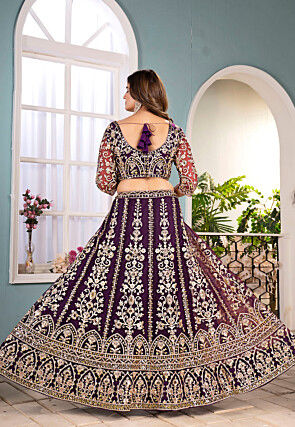 Embroidered Net Lehenga in Purple