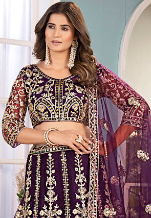 Embroidered Net Lehenga in Purple