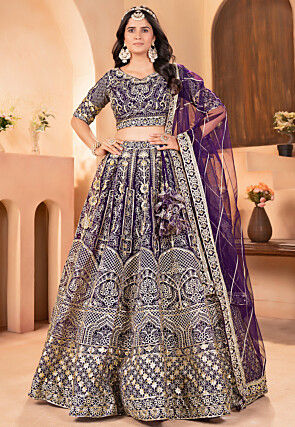 Embroidered Net Lehenga in Purple