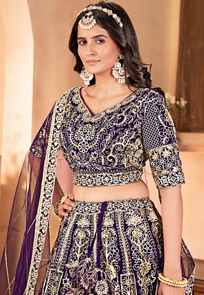 Embroidered Net Lehenga in Purple