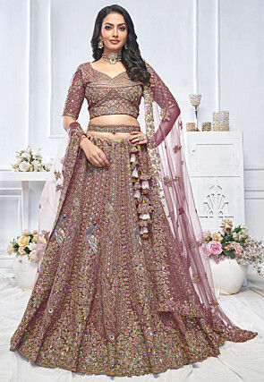 Embroidered Net Lehenga in Purple