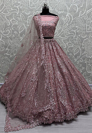 Embroidered Net Lehenga in Purple