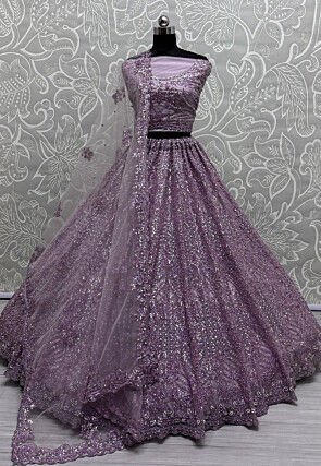 Embroidered Net Lehenga in Purple