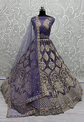 Embroidered Net Lehenga in Purple