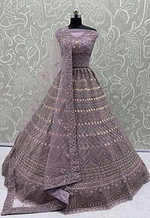 Embroidered Net Lehenga in Purple