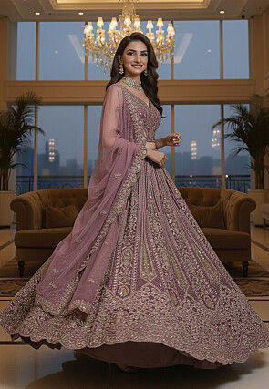 Embroidered Net Lehenga in Purple