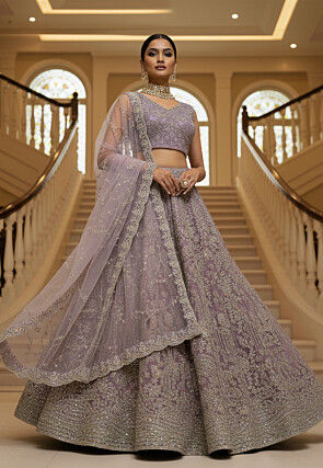 Embroidered Net Lehenga in Purple