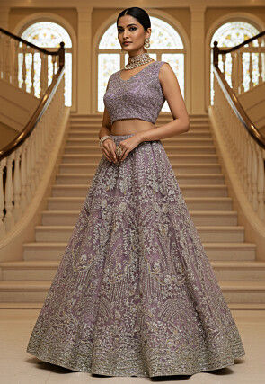 Embroidered Net Lehenga in Purple