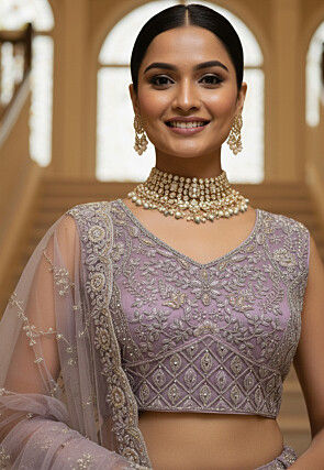 Embroidered Net Lehenga in Purple