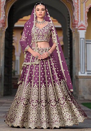 Embroidered Net Lehenga in Purple