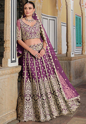 Embroidered Net Lehenga in Purple