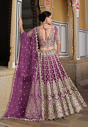 Embroidered Net Lehenga in Purple