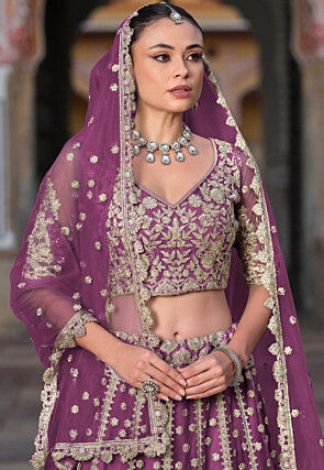 Embroidered Net Lehenga in Purple