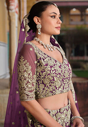 Embroidered Net Lehenga in Purple