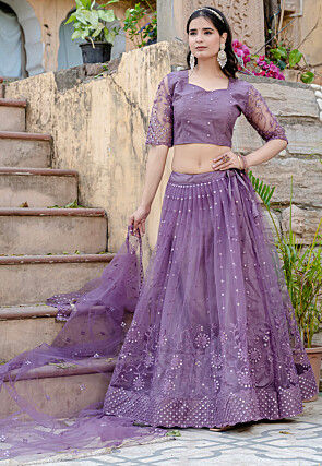 Embroidered Net Lehenga in Purple