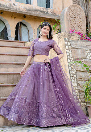 Embroidered Net Lehenga in Purple