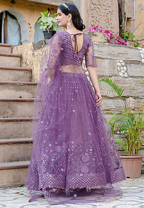 Embroidered Net Lehenga in Purple