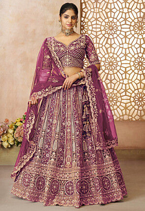 Embroidered Net Lehenga in Purple