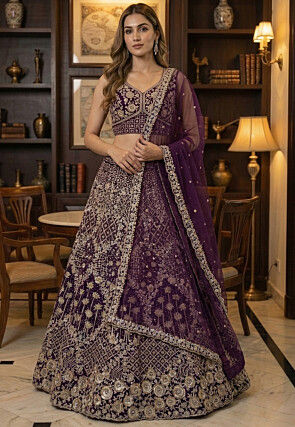 Embroidered Net Lehenga in Purple