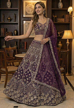 Embroidered Net Lehenga in Purple