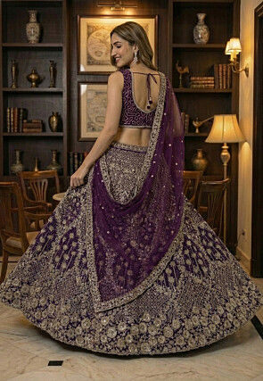 Embroidered Net Lehenga in Purple