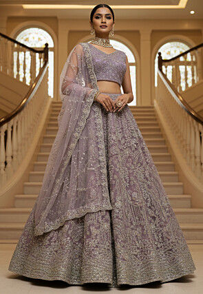 Embroidered Net Lehenga in Purple