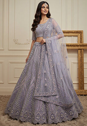 Embroidered Net Lehenga in Purple