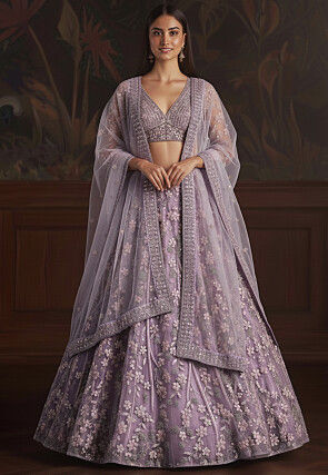 Embroidered Net Lehenga in Purple