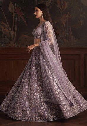 Embroidered Net Lehenga in Purple