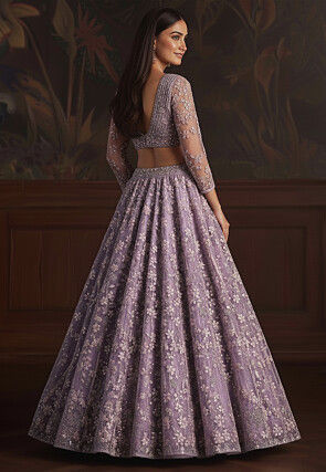 Embroidered Net Lehenga in Purple