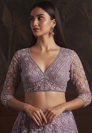 Embroidered Net Lehenga in Purple