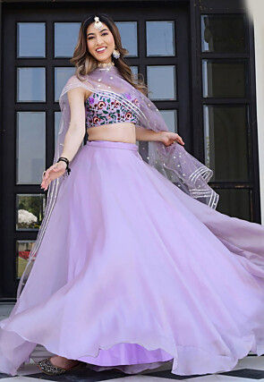 Embroidered Net Lehenga in Purple