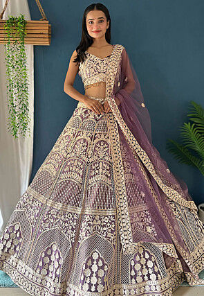 Embroidered Net Lehenga in Purple