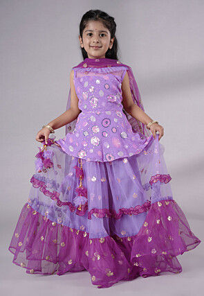 Embroidered Net Lehenga in Purple